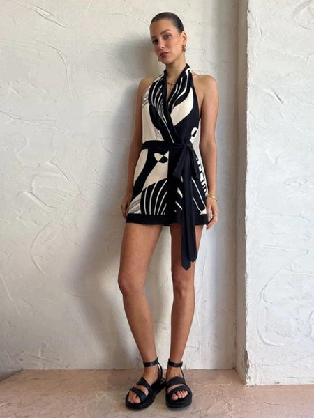 Abecca Halterneck Summer Dress - full-length shot on model, black and white - Miss Mosa By Akanksha