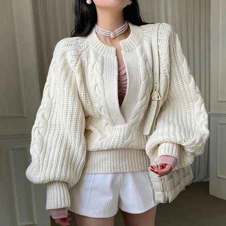 Abesca Luxury Knitted Sweaters - front shot on model, cream - Miss Mosa By Akanksha