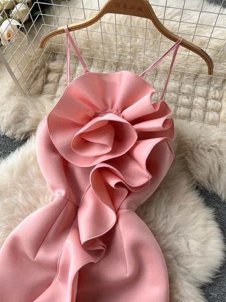 Abigail Statement Dress In Pink - close-up of ruffle flower detail, pink - Miss Mosa By Akanksha