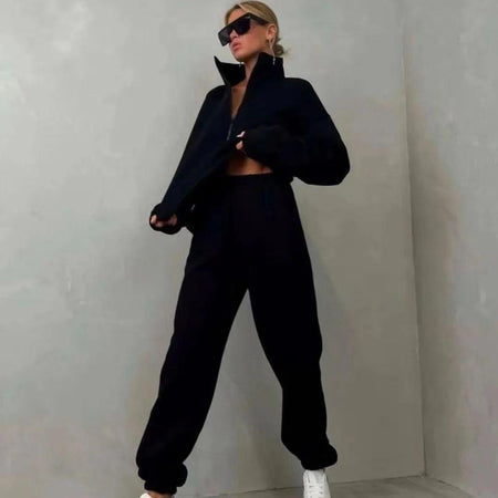 Abra Luxe Winter Coord Set - Tracksuit - full-length front shot on model, black - Miss Mosa By Akanksha