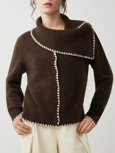 Ada Luxe Woolen Cardigan - front shot, brown with cream trim - Miss Mosa By Akanksha