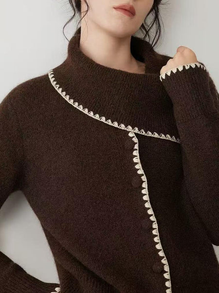 Ada Luxe Woolen Cardigan - close-up shot, brown with cream trim - Miss Mosa By Akanksha