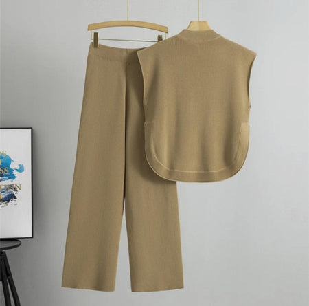Addison Ribbed Coord Set In Brown - flat-lay product shot of top and trousers on hanger - Miss Mosa By Akanksha