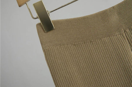 Addison Ribbed Coord Set In Brown - close-up of waistband detail on hanger - Miss Mosa By Akanksha
