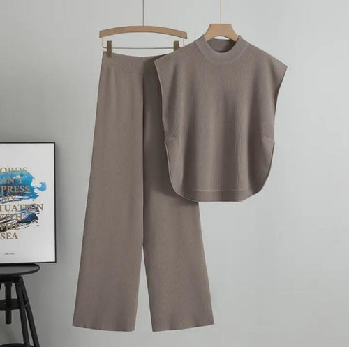 Addison Ribbed Coord Set In Stone Grey
