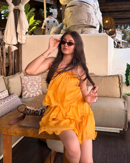 Adela Halterneck Ruffle Mini Dress - front shot, marigold orange - Miss Mosa By Akanksha