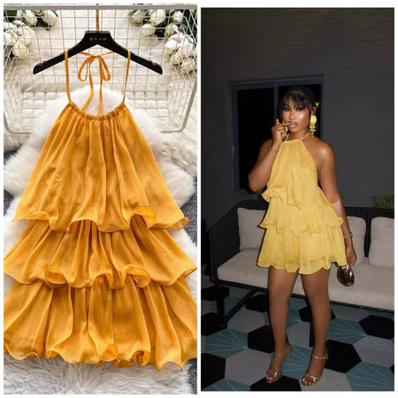 Adela Halterneck Ruffle Mini Dress - close-up shot, marigold orange - Miss Mosa By Akanksha