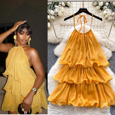 Adela Halterneck Ruffle Mini Dress - back shot, marigold orange - Miss Mosa By Akanksha