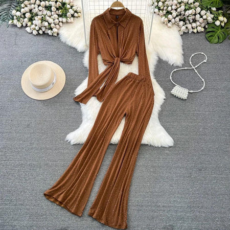 Adele Rhinestone Embedded Coord Set - styled flat-lay shot, brown - Miss Mosa By Akanksha