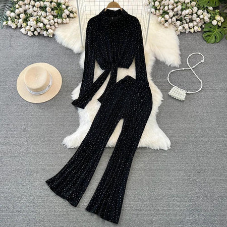 Adele Rhinestone Embedded Coord Set - styled flat-lay shot, black - Miss Mosa By Akanksha