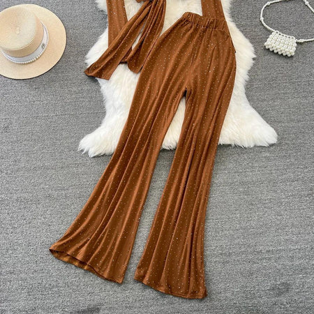 Adele Rhinestone Embedded Coord Set - styled flat-lay shot, brown - Miss Mosa By Akanksha
