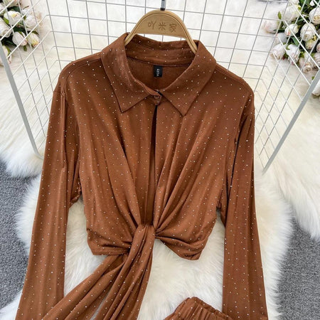 Adele Rhinestone Embedded Coord Set - close-up of shirt collar, brown - Miss Mosa By Akanksha