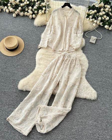 Adele Statement Summer Coord Set - flat-lay shot on hanger, cream - Miss Mosa By Akanksha