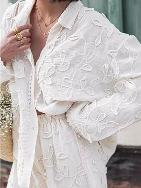 Adele Statement Summer Coord Set - close-up of embroidered shirt on model, white - Miss Mosa By Akanksha
