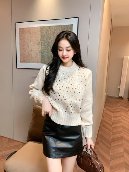 Adele Statement Woolen Sweater with Sequin Detail - front shot on model standing, cream - Miss Mosa By Akanksha