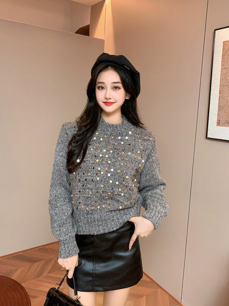 Adele Statement Woolen Sweater with Sequin Detail - front shot on model standing, grey - Miss Mosa By Akanksha