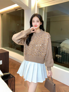 Adele Statement Woolen Sweater with Sequin Detail - front shot on model standing, taupe - Miss Mosa By Akanksha