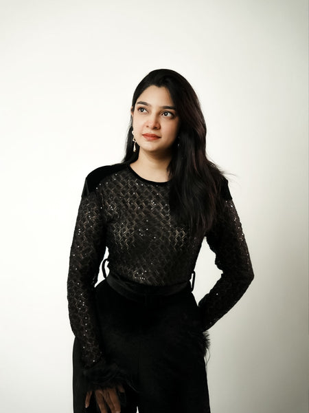 Adelie Fur Velvet Jumpsuit - front shot, black - Miss Mosa By Akanksha