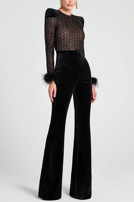 Adelie Fur Velvet Jumpsuit - full-length shot on model, black - Miss Mosa By Akanksha