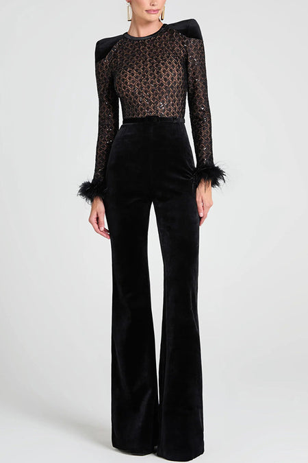 Adelie Fur Velvet Jumpsuit - full-length shot on model, black - Miss Mosa By Akanksha