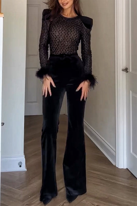 Adelie Fur Velvet Jumpsuit - front shot on model, black - Miss Mosa By Akanksha
