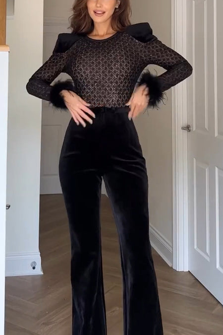 Adelie Fur Velvet Jumpsuit - front shot on model, black - Miss Mosa By Akanksha