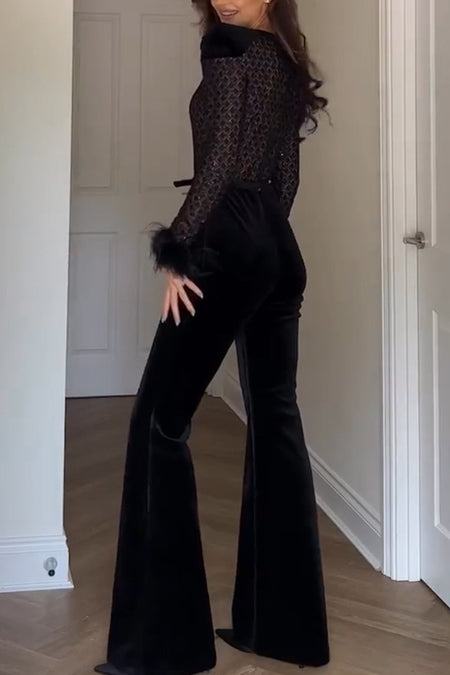 Adelie Fur Velvet Jumpsuit - back shot on model, black - Miss Mosa By Akanksha