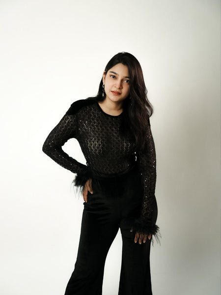 Adelie Fur Velvet Jumpsuit - three-quarter shot, black - Miss Mosa By Akanksha