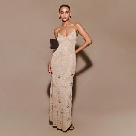 Adeloi Luxe Premium Maxi Dress In Sliver - front shot on model, champagne gold - Miss Mosa By Akanksha