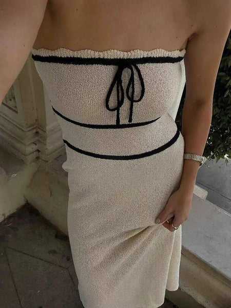 Adelyn Luxe Soft Knit Tube Dress - close-up of bodice on model, cream and black - Miss Mosa By Akanksha