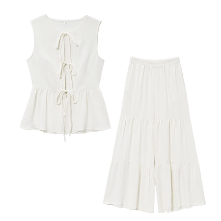 Aderyn Statement Linen Suit Set In Off White - flat-lay product shot of top and trousers - Miss Mosa By Akanksha