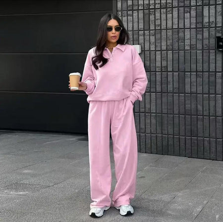 Adler Statement Fleece Lined Coord Set In Pink - full-length front shot on model outdoors - Miss Mosa By Akanksha