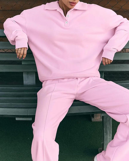 Adler Statement Fleece Lined Coord Set In Pink - front shot on model seated - Miss Mosa By Akanksha