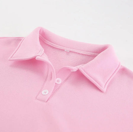 Adler Statement Fleece Lined Coord Set In Pink - close-up of collar and buttons - Miss Mosa By Akanksha