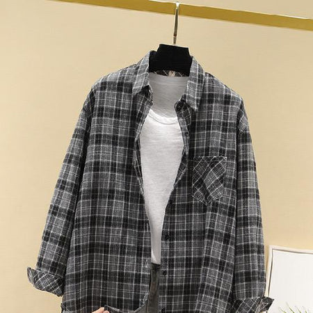 Adrian Plaid Streetstyle Shirt (ONLY SHIRT) In Grey - close-up flat-lay product shot on hanger - Miss Mosa By Akanksha