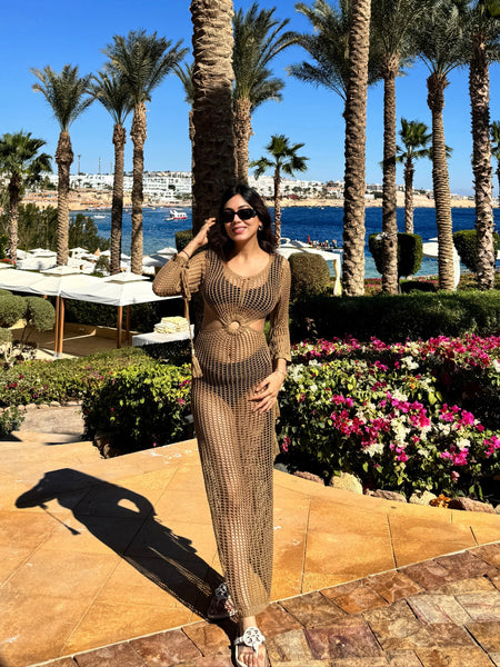 Adriana Luxe Soft Knit Dress - Resortwear - styling shot on model outdoors, beige - Miss Mosa By Akanksha