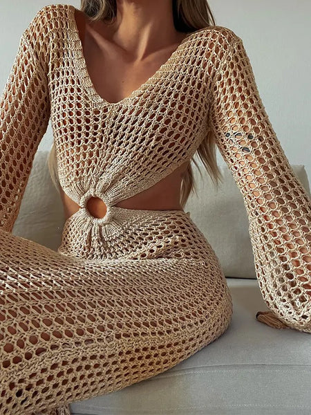 Adriana Luxe Soft Knit Dress - Resortwear - close-up of ring cut-out detail on model, beige - Miss Mosa By Akanksha