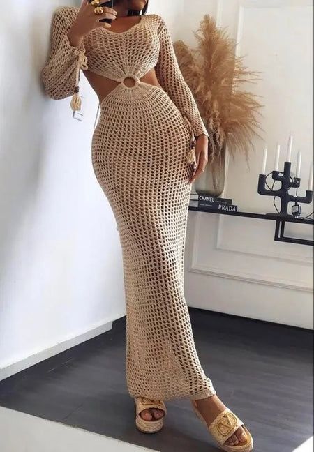 Adriana Luxe Soft Knit Dress - Resortwear - full-length front shot on model, beige - Miss Mosa By Akanksha