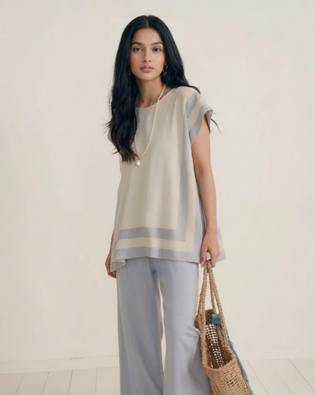 Aesthia Ribbed Coord Set - full-length shot on model, grey - Miss Mosa By Akanksha