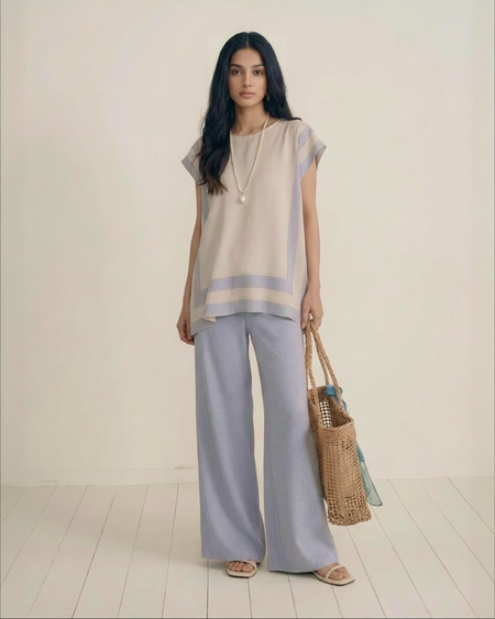 Aesthia Ribbed Coord Set - full-length shot on model, grey - Miss Mosa By Akanksha