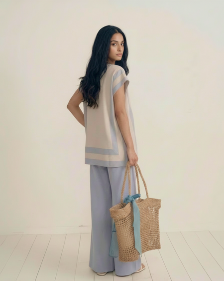 Aesthia Ribbed Coord Set - back shot on model, grey - Miss Mosa By Akanksha