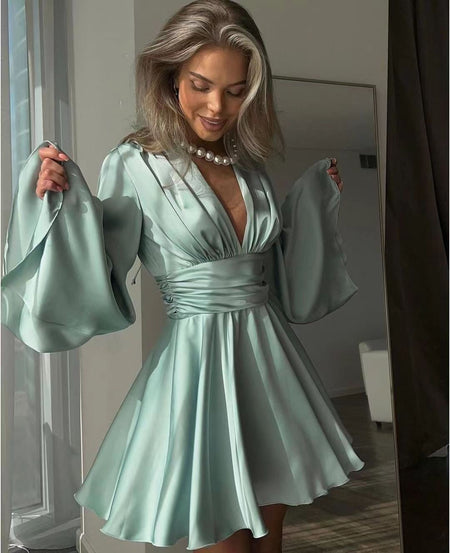 Agafiya Luxe Satin Dress In Teal - front shot on model - Miss Mosa By Akanksha