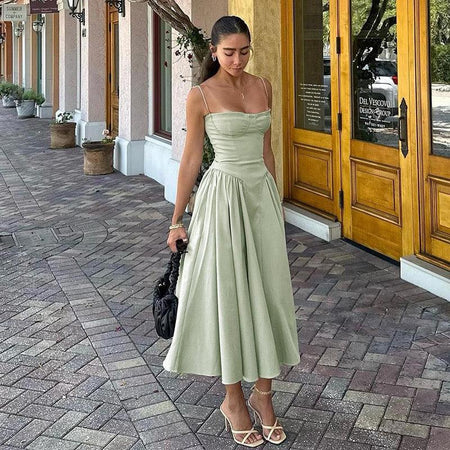 Agastha Midi Vintage Retro Dress - full-length shot on model, sage green - Miss Mosa By Akanksha