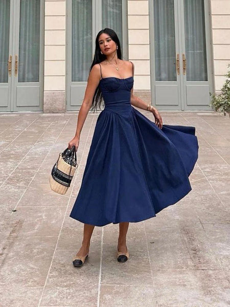 Agastha Midi Vintage Retro Dress - full-length shot on model, navy - Miss Mosa By Akanksha