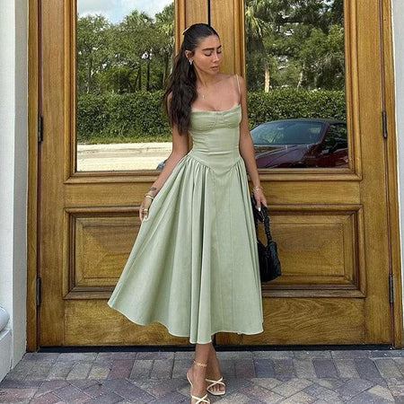 Agastha Midi Vintage Retro Dress - full-length shot on model, sage green - Miss Mosa By Akanksha