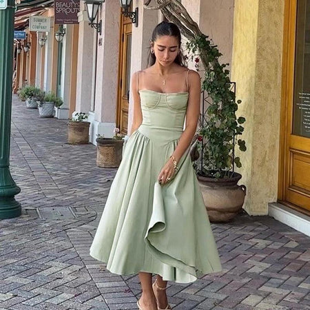 Agastha Midi Vintage Retro Dress - full-length shot on model, sage green - Miss Mosa By Akanksha