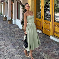 Agastha Midi Vintage Retro Dress - full-length shot on model, sage green - Miss Mosa By Akanksha