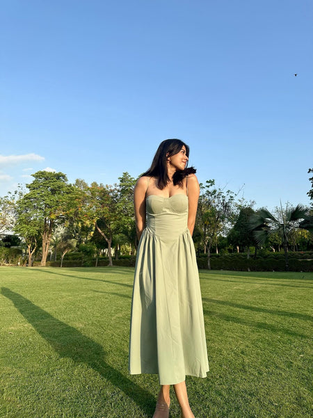 Agastha Midi Vintage Retro Dress - full-length shot on model, sage green - Miss Mosa By Akanksha
