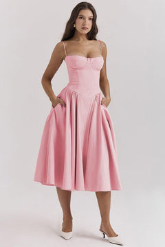 Agastha Midi Vintage Retro Dress - full-length shot on model, pink - Miss Mosa By Akanksha