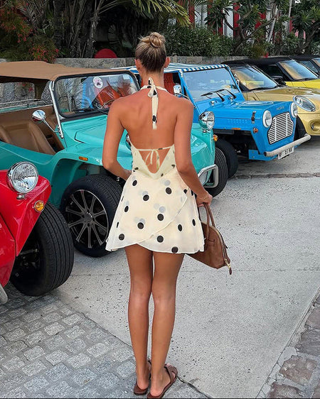 Agathe Cowl Overlap Polka Mini Dress - back shot, cream with black polka dot - Miss Mosa By Akanksha